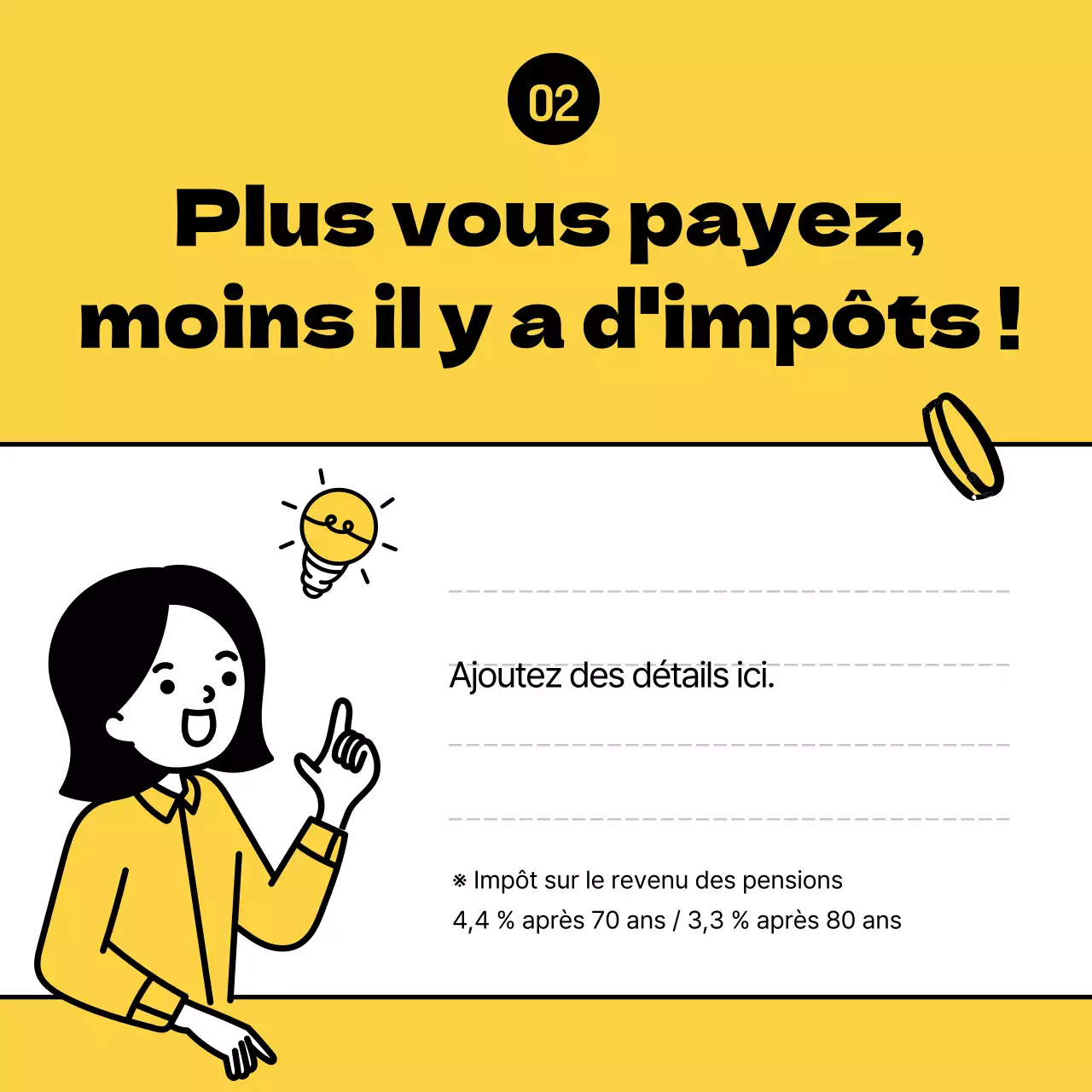Des conseils clairs, jaunes et illustrés sur la manière d'économiser de l'argent en prenant une pension.