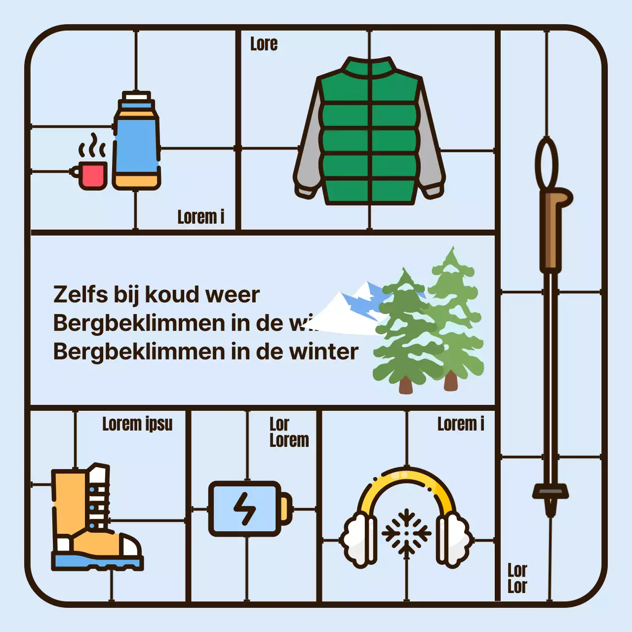 Eenvoudige speelgoed bouwdelen illustratie concept voor winter wandelen benodigdheden