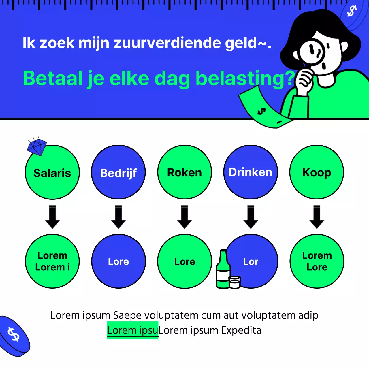 Fiscale besparingen in blauw en chartreuse met eenvoudige illustraties die schoon en inspirerend zijn Tax Tech basics