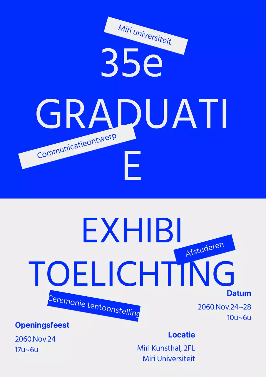 Aankondiging afstudeertentoonstelling met blauwe en grijze tekstaccenten