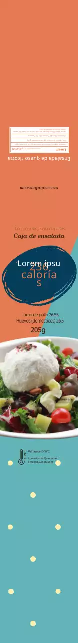 Etiqueta informativa naranja azul con foto para ensaladas
