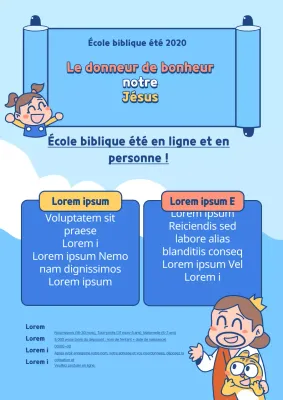 Promouvoir une école biblique de vacances en ligne avec des illustrations de personnages sur fond d'océan bleu