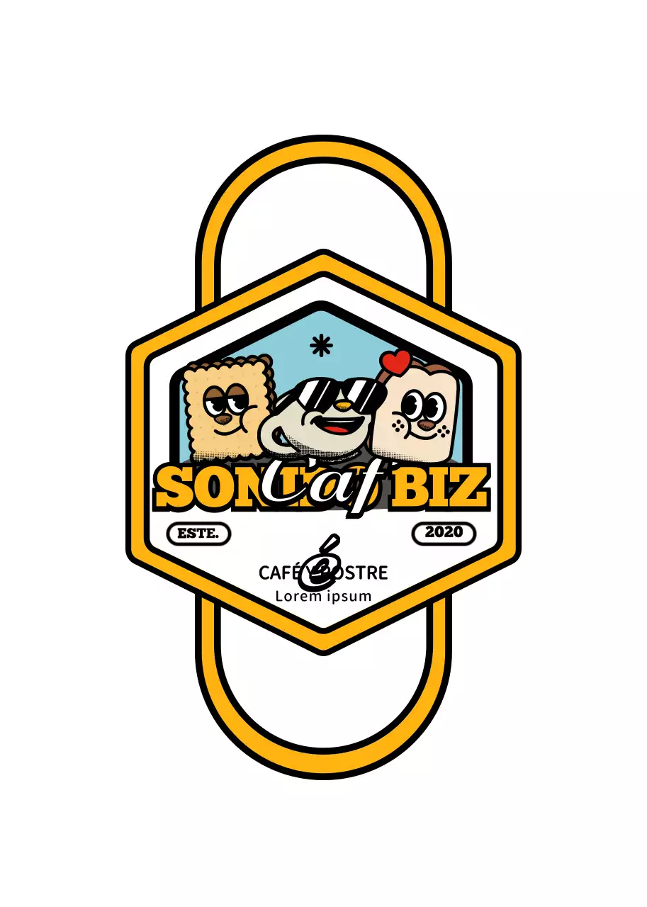 Una serie de simpáticos y modernos artículos de cafetería con logotipos de personajes en amarillo y negro.