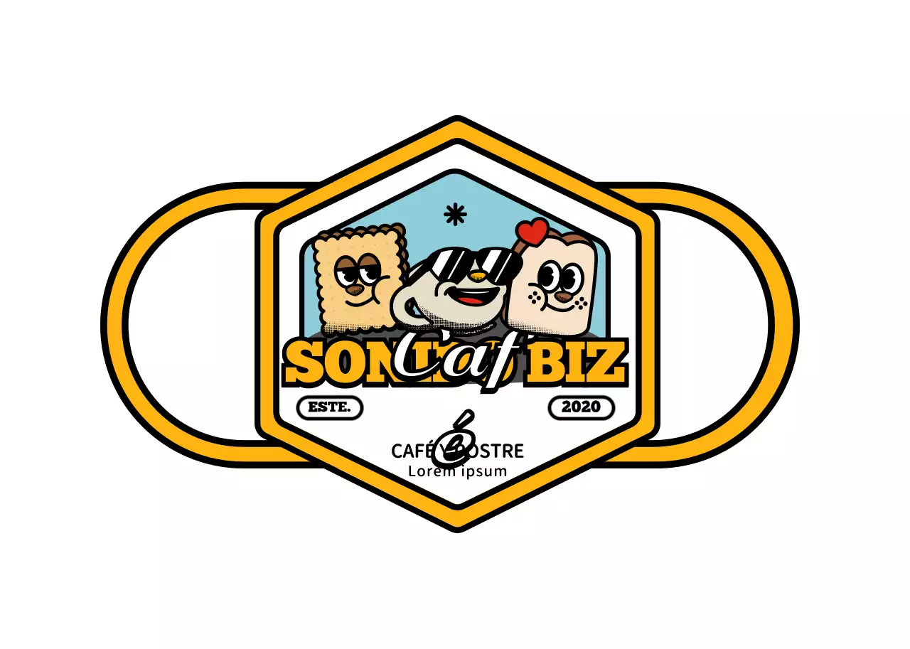 Una serie de simpáticos y modernos artículos de cafetería con logotipos de personajes en amarillo y negro.