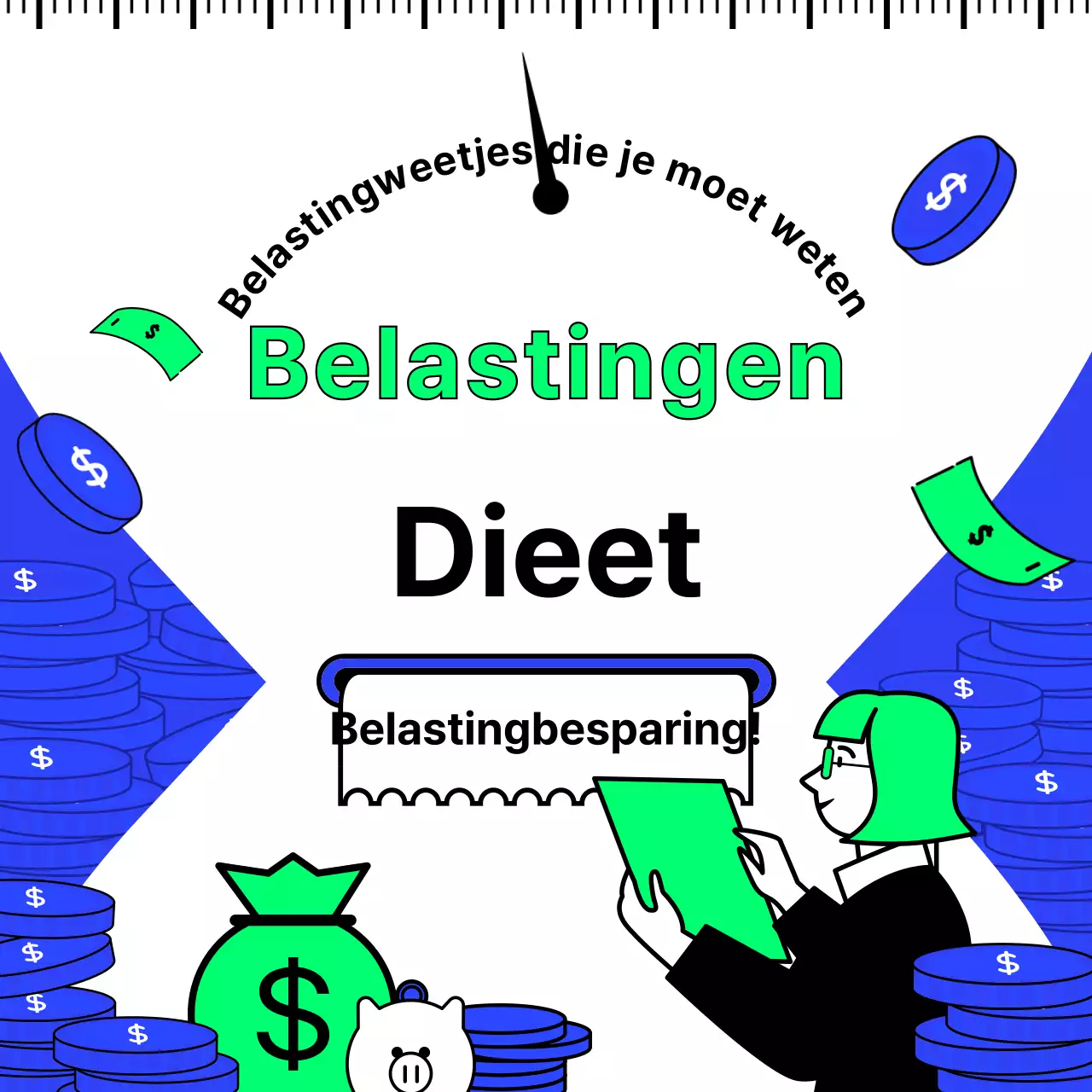 Fiscale besparingen in blauw en chartreuse met eenvoudige illustraties die schoon en inspirerend zijn Tax Tech basics