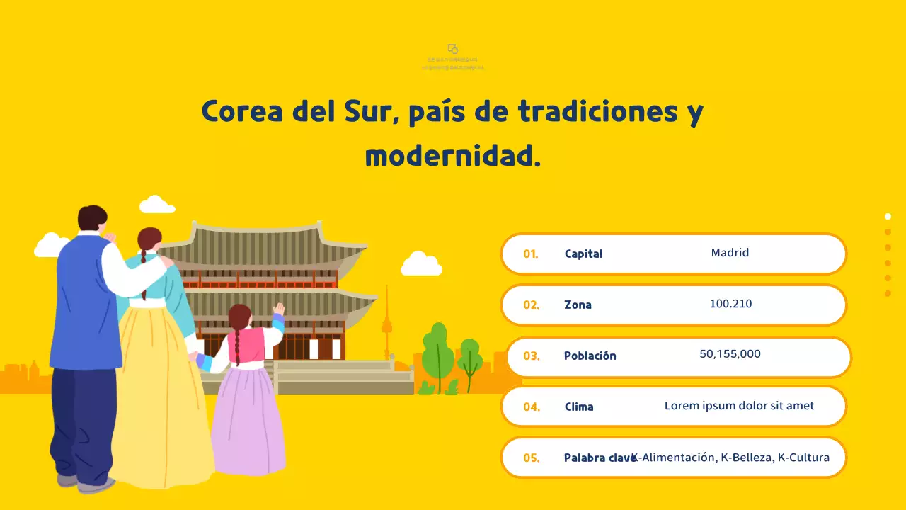 Guía de viaje ilustrada en amarillo y azul de Corea del Sur