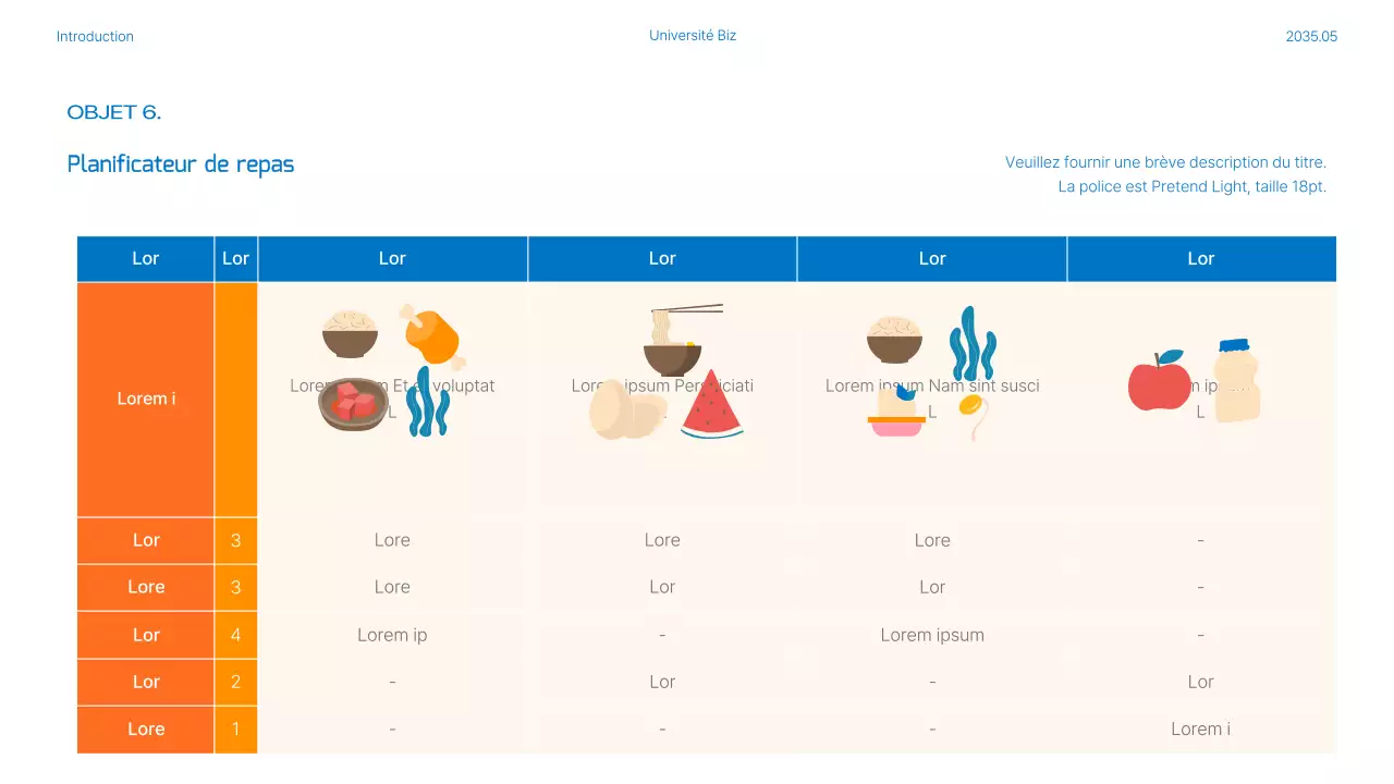La nutrition et les plans de repas sont mis en évidence par des photos bleues et orange.