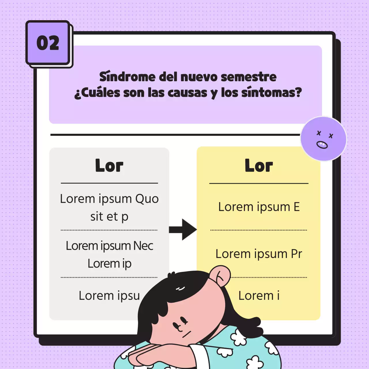 Informar sobre el síndrome del nuevo semestre con sencillas ilustraciones en tonos pastel y emoticonos.