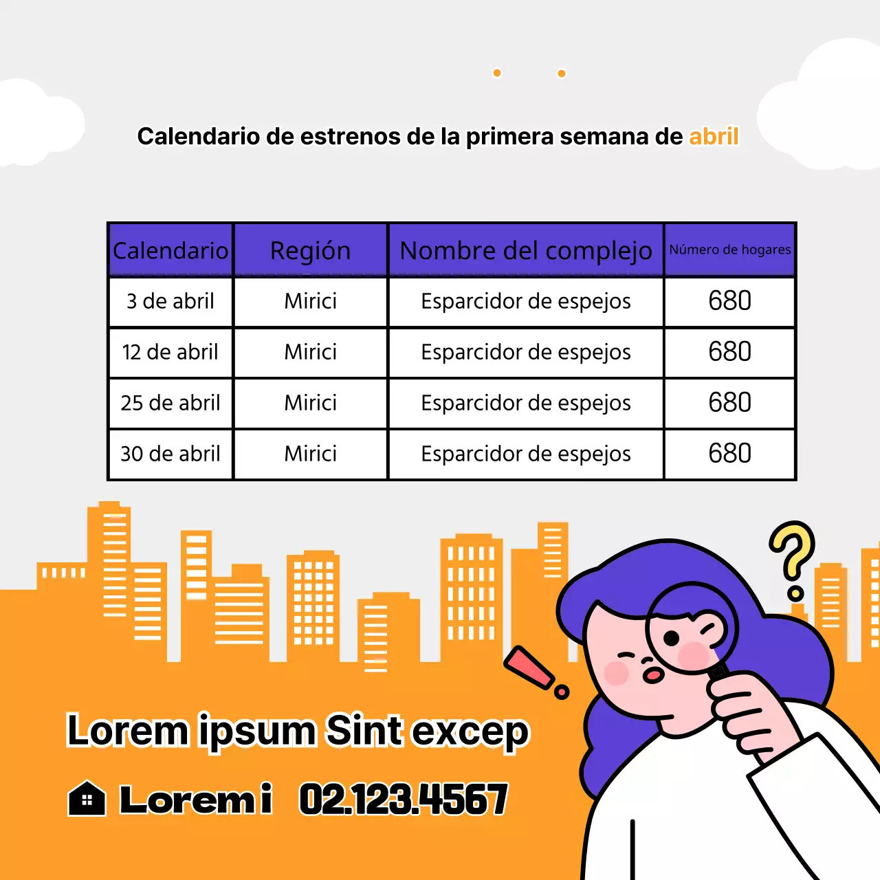 Guía ilustrada de información sobre las palabras clave de los listados de apartamentos en morado y naranja