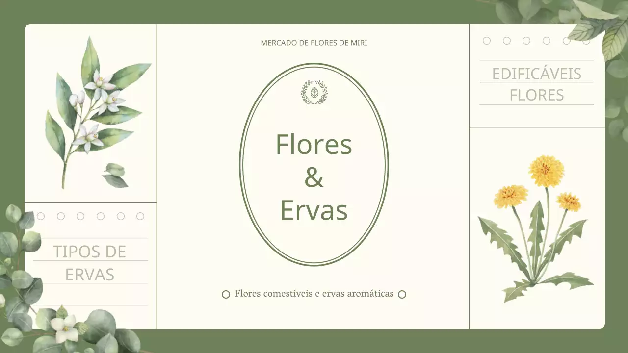 Curiosidades sobre flores e ervas comestíveis com um tema verde e sentimental de ilustração em aguarela