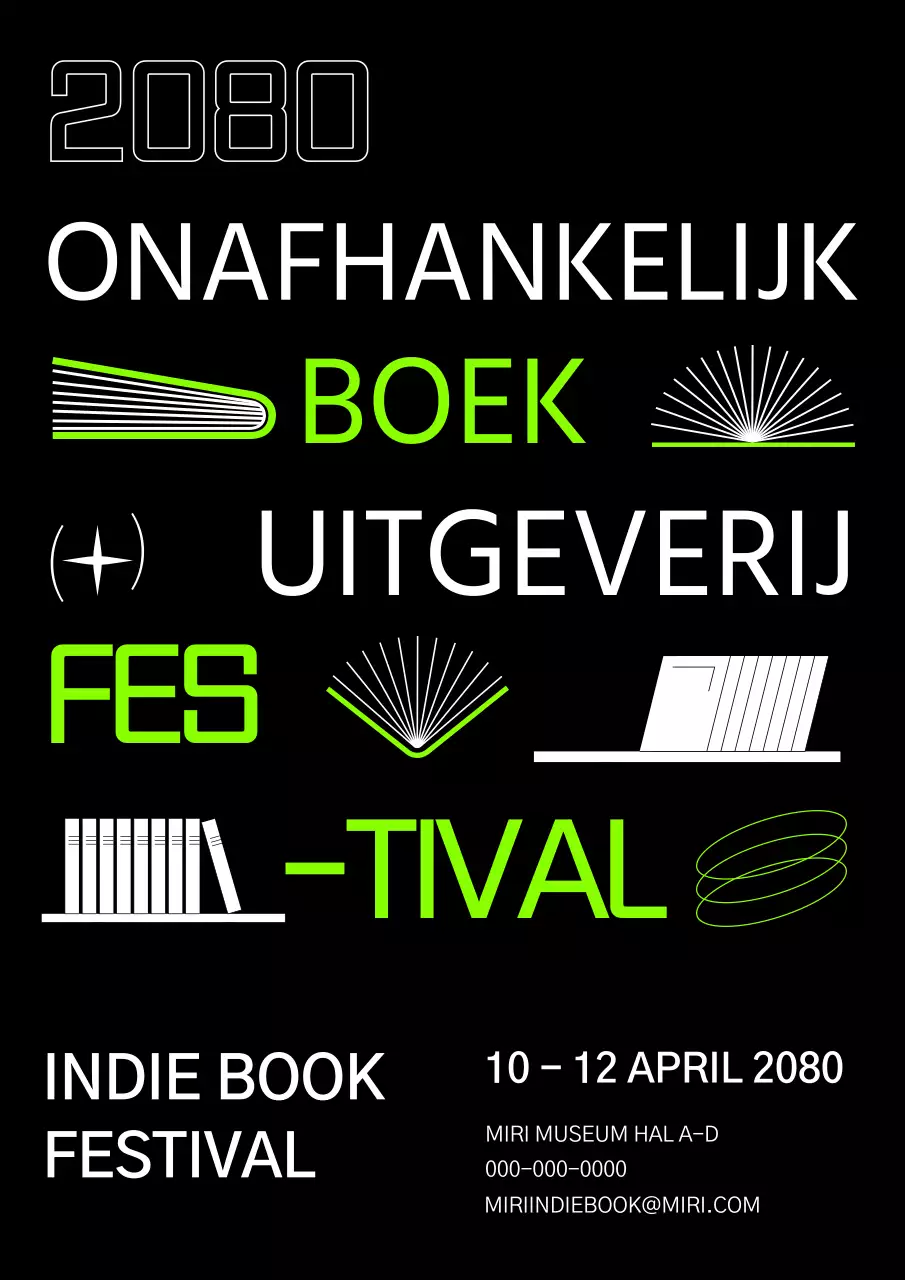 zwart limoengroen boek illustratie eenvoudig onafhankelijke boekhandel uitgeverij festival
