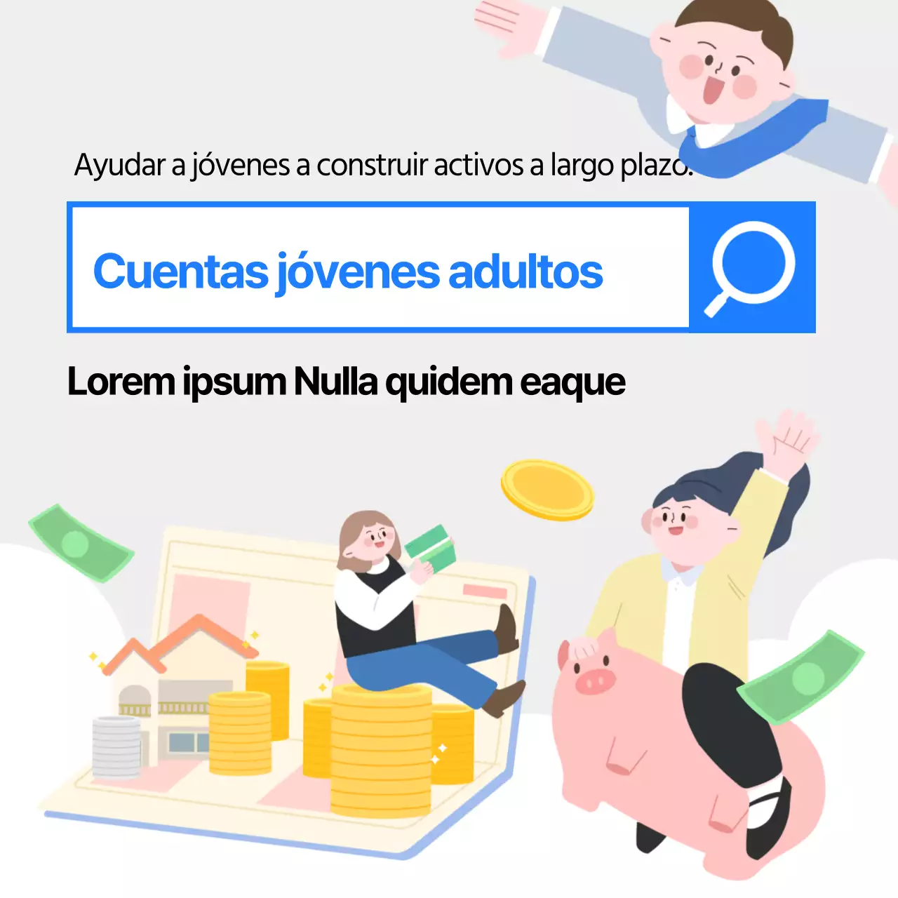 Material promocional ilustrado en azul y blanco para las Cuentas de Jóvenes Adultos