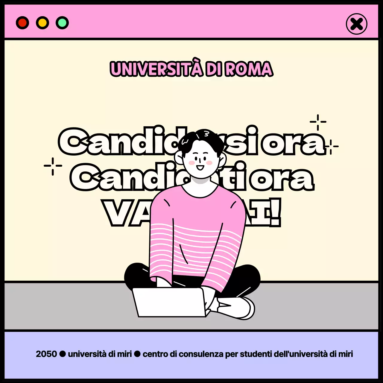 Tema della vita universitaria con concetto di finestra rosa e viola