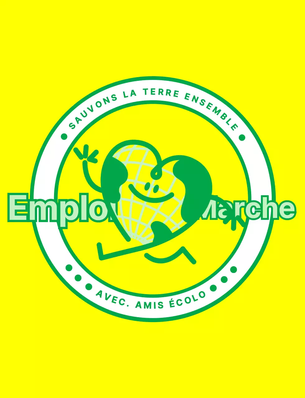 Concept de logo emblématique avec un mignon personnage de la terre en jaune et vert pour une organisation de campagne environnementale mondiale.