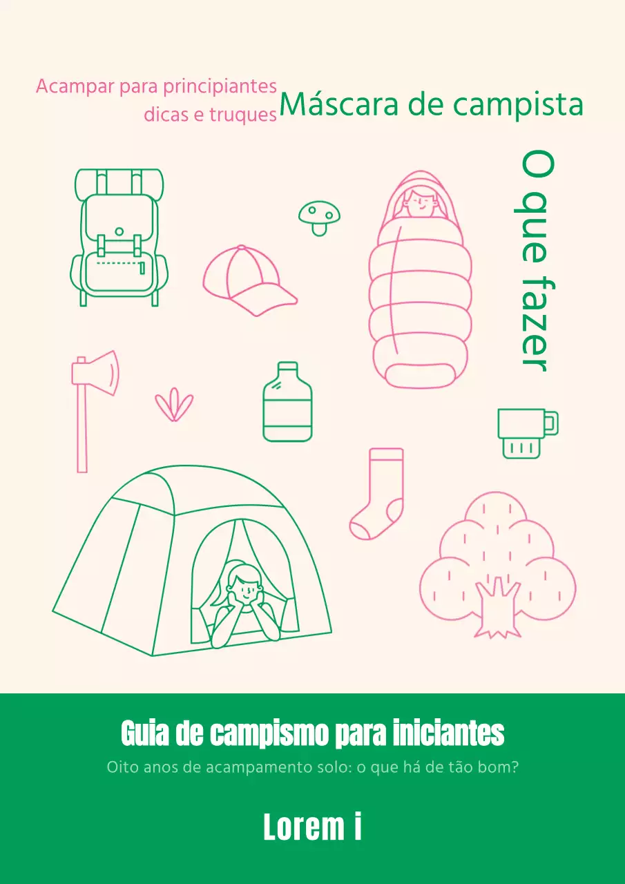 Interior do guia de campismo ilustrado a rosa e verde