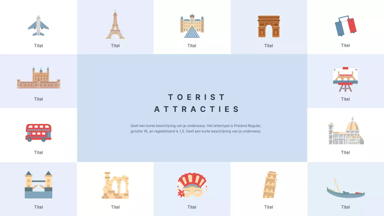Reisbeschrijving met illustraties van Europese bestemmingen in lichtblauw