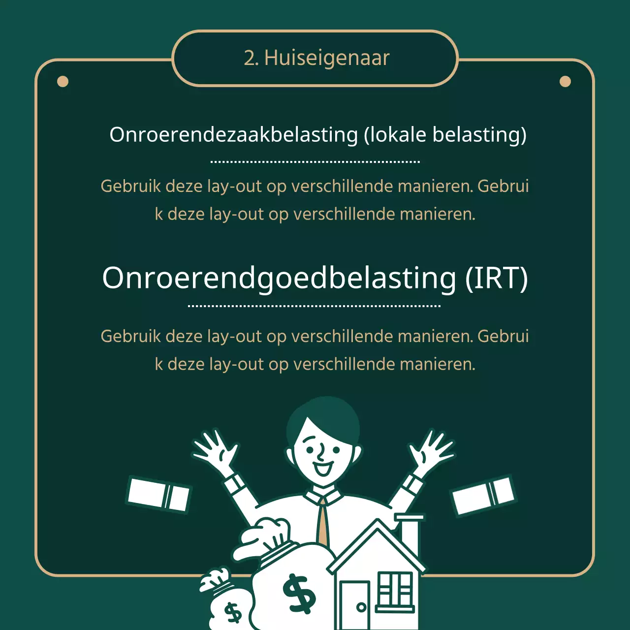 Geeft informatie over onroerendgoedbelasting met groene (donkere) en gouden illustraties
