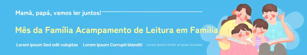 Acampamento de leitura com ilustração de uma família num fundo azul claro