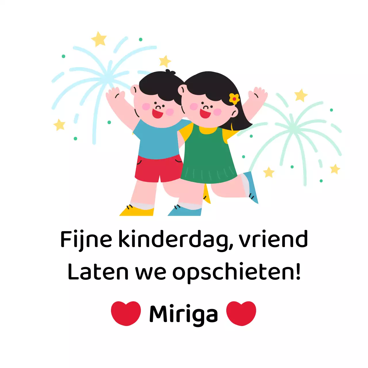 Kinderdaggroet met illustratie van een kind tegen een kleurrijke vuurwerkachtergrond