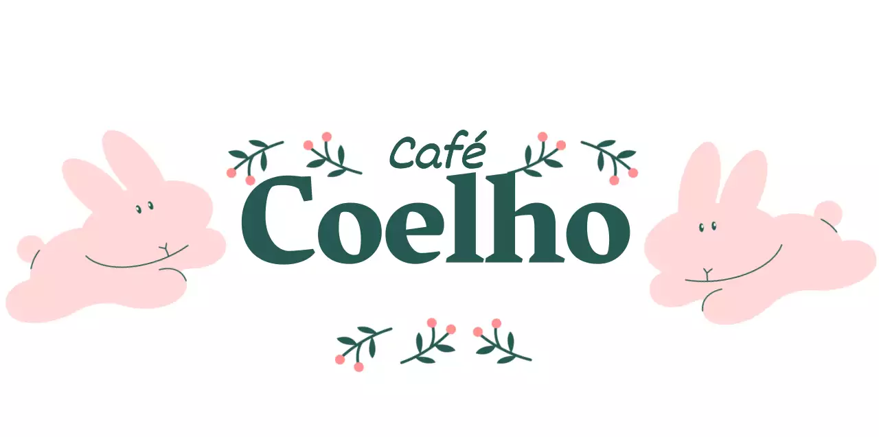 Artigos de café de inspiração vintage com ilustrações de coelhinhos e plantas de bagas em rosa e verde.