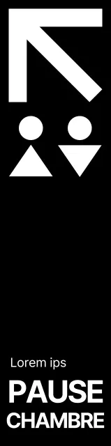 Style simple en noir et blanc avec des icônes de toilettes modernes et des indications textuelles.