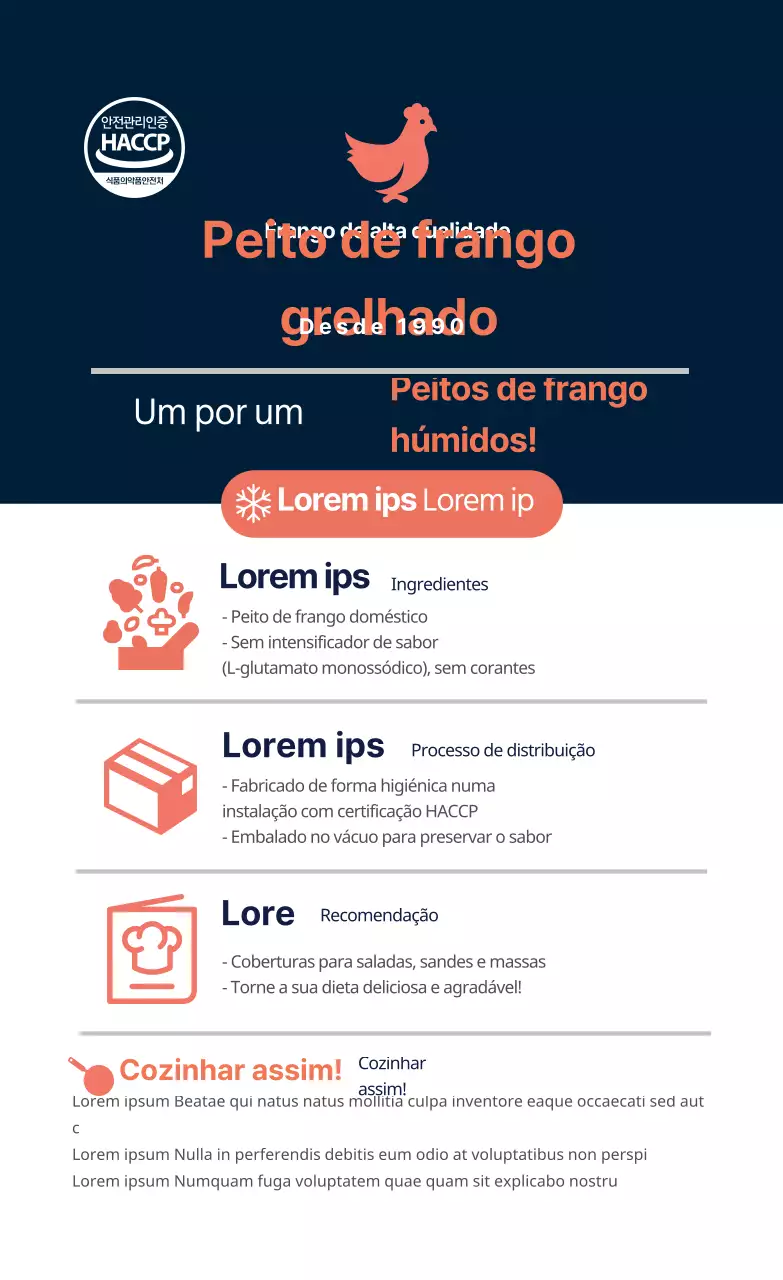 Etiqueta de descrição de receitas alimentares com logótipo azul-marinho laranja