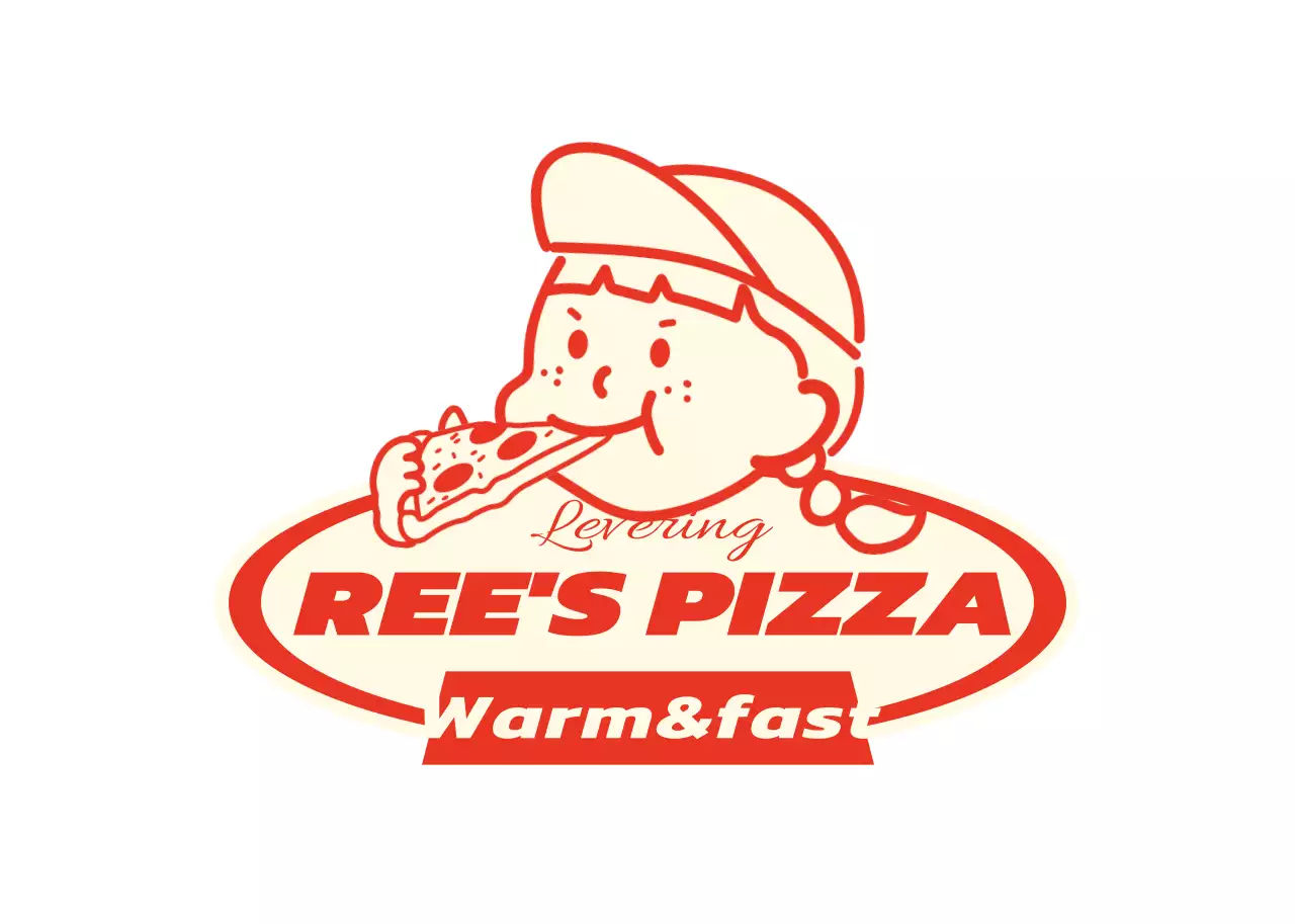 Een pizzerialogo met een schattige illustratie in rood en geel