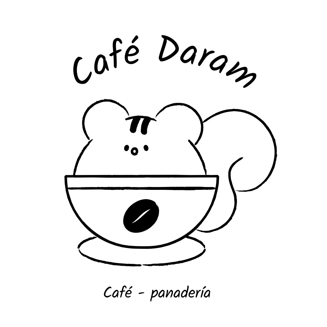 Mercancía de cafetería con una sencilla y simpática ilustración de una ardilla en negro.