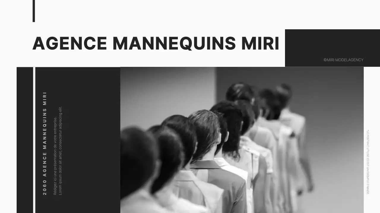 Profil d'entreprise d'une agence de mannequins, propre et moderne, en noir.