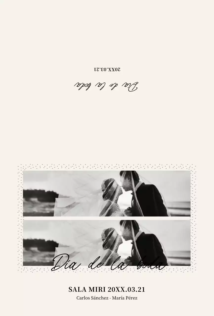 Sencilla invitación de boda con marco de dos imágenes en beige y negro