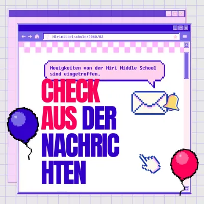 Ein lila-rosa Webbrowser mit kitschigen Schulnachrichten