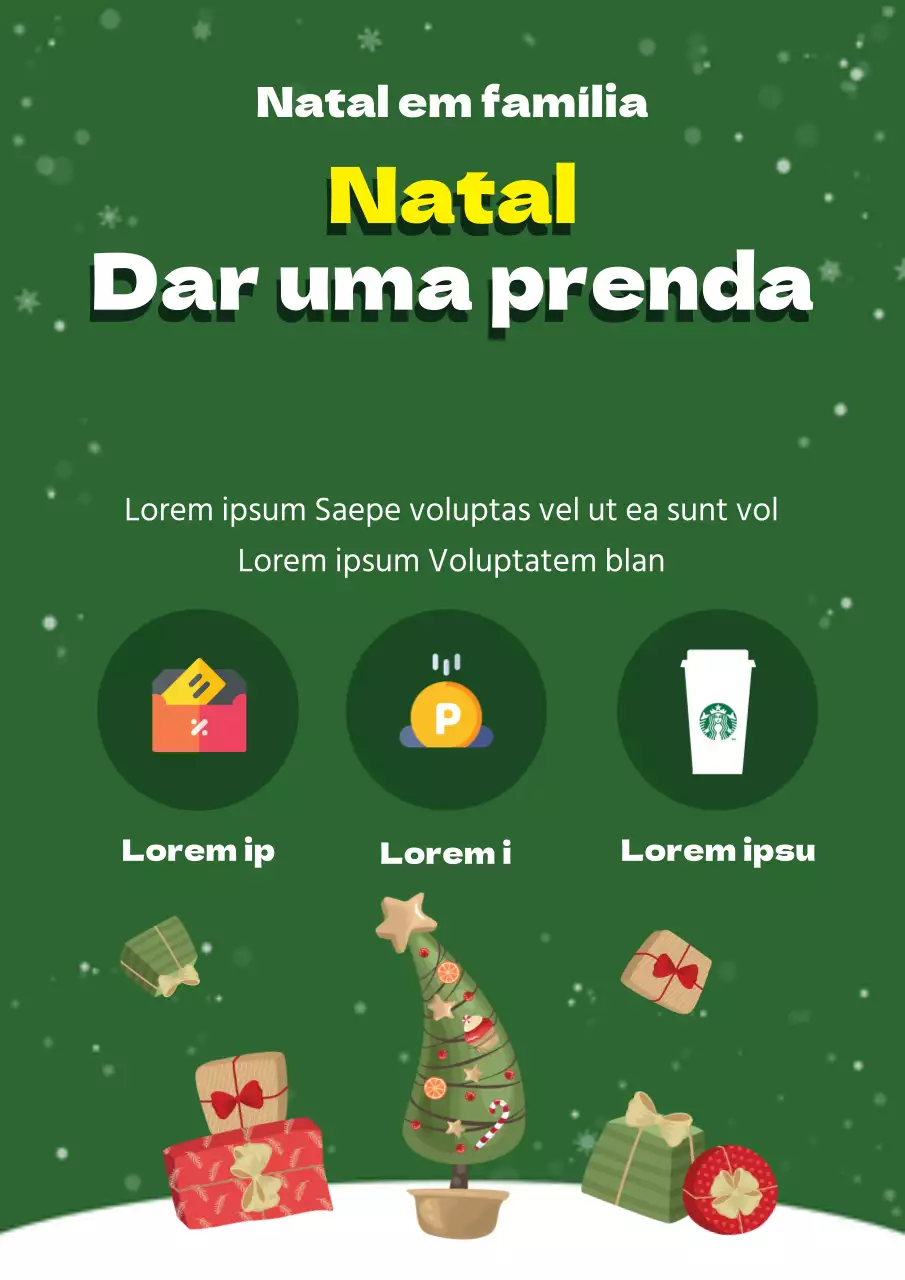 Promover um evento com uma ilustração de uma árvore e um presente de Natal verdes