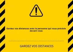 Combinaison simple et propre d'icônes et de textes en jaune et noir Avertissements "Gardez vos distances