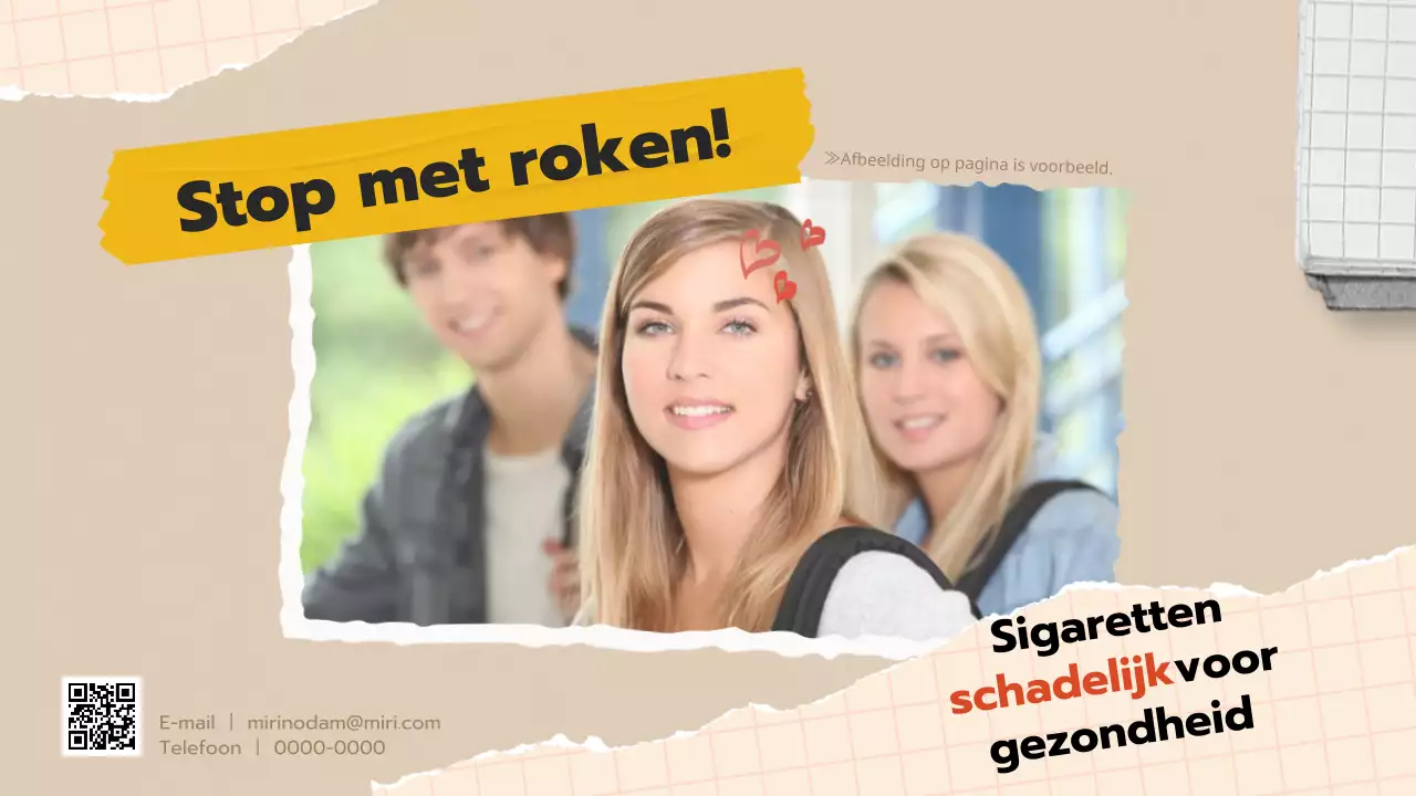 Voorlichtingsmateriaal over stoppen met roken voor jongeren met een beige pop-art collageconcept.