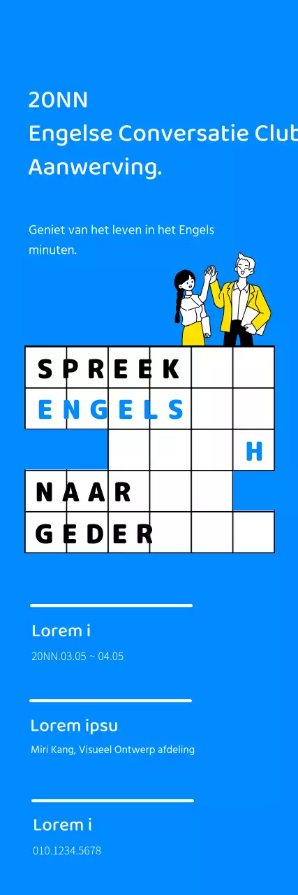 Wervingsontwerp Engelse conversatieclub met lijnillustratie en blauw kleurenschema