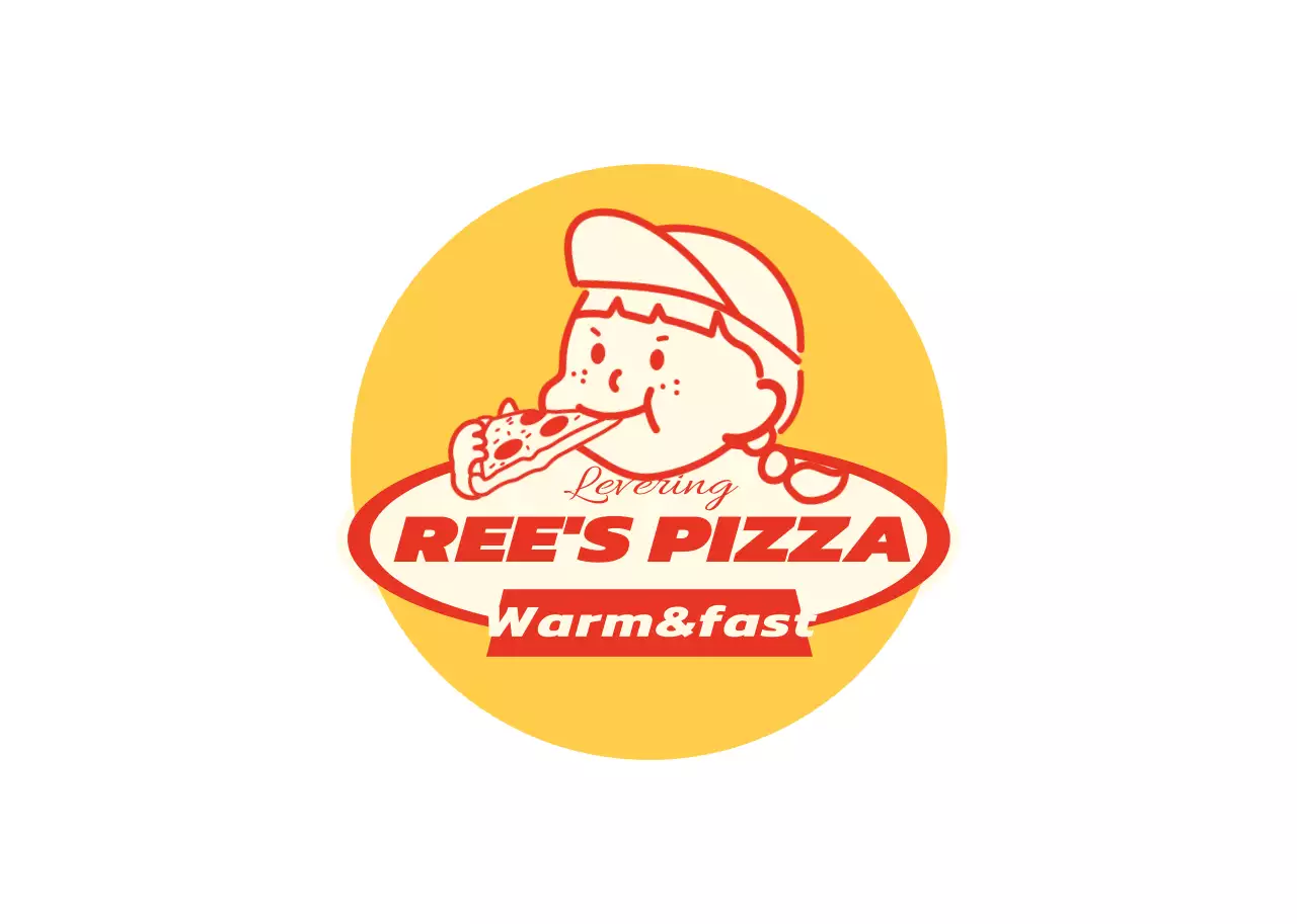 Een pizzerialogo met een schattige illustratie in rood en geel