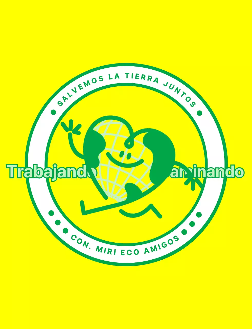 Emblema de logotipo con un simpático personaje de la Tierra en amarillo y verde para una organización de campaña medioambiental mundial.