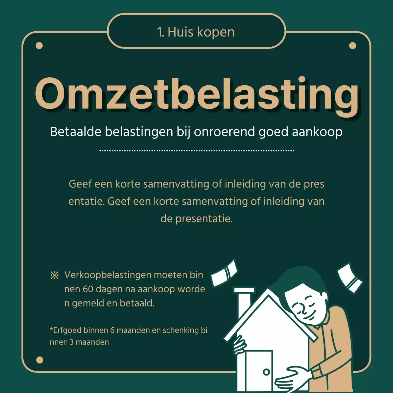 Geeft informatie over onroerendgoedbelasting met groene (donkere) en gouden illustraties