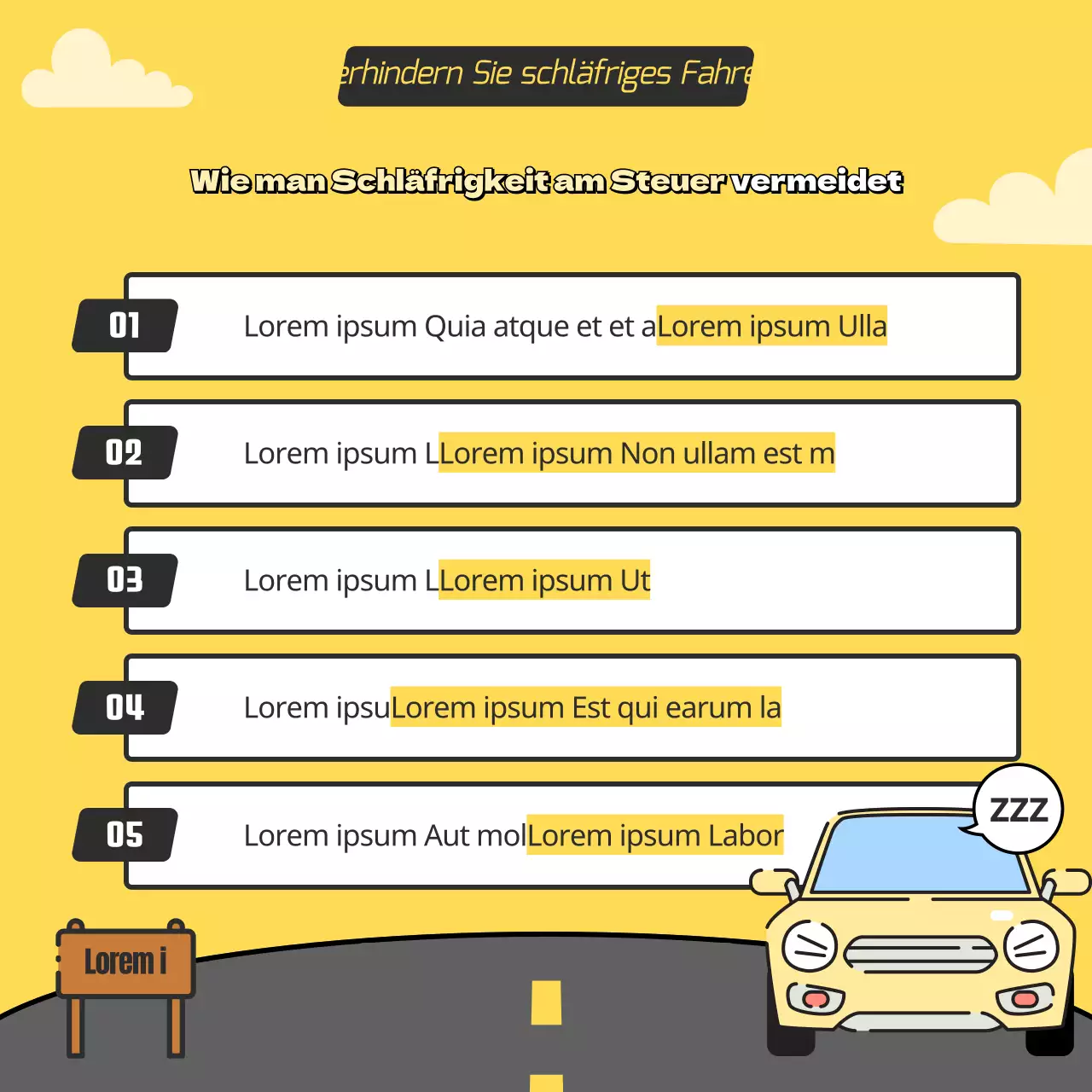 Drowsy Fahren in gelb und grau Illustration Konzept