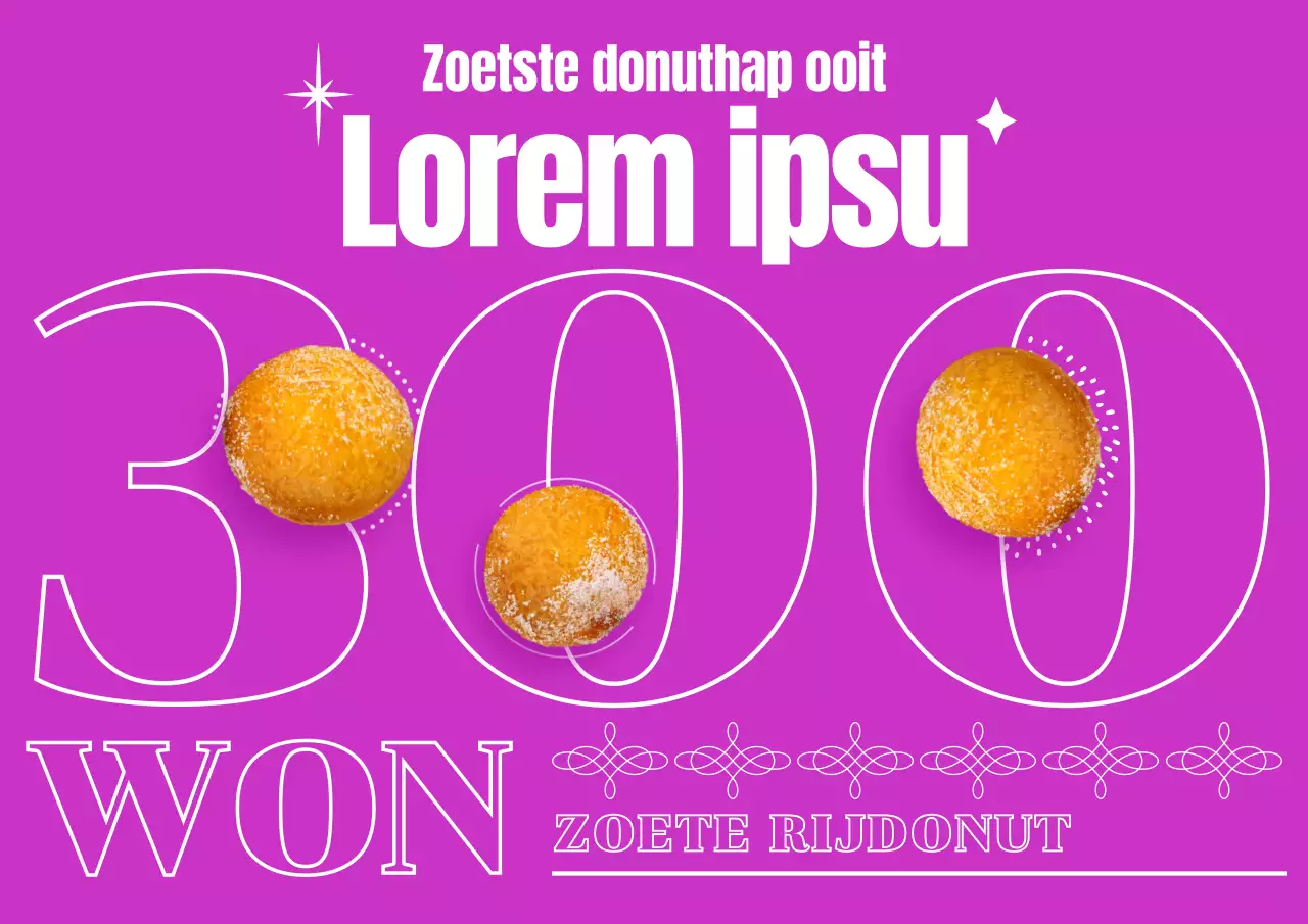 Een straatvoedselposter met typografie en een foto van een donut met kleverige rijst in primair roze.