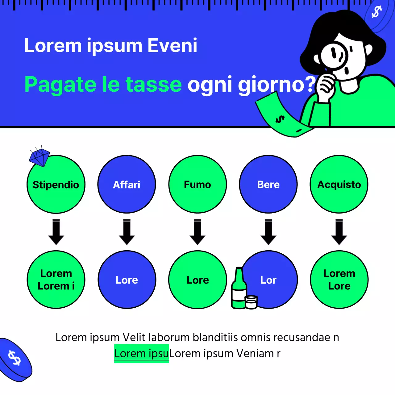 Risparmio fiscale in blu e chartreuse con illustrazioni semplici, pulite e stimolanti Nozioni di base di tecnica fiscale