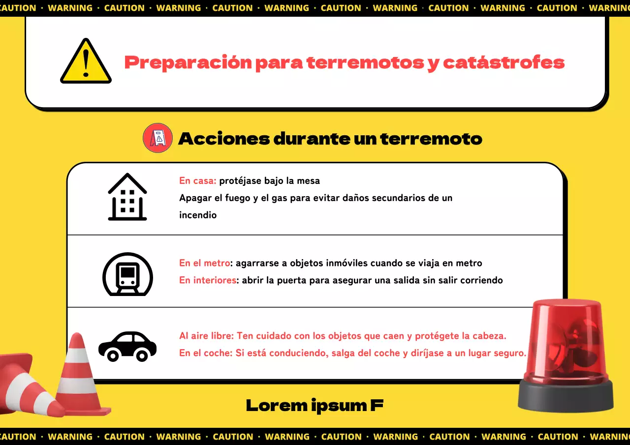 Sencillo cartel informativo amarillo-negro del manual de preparación para catástrofes sísmicas