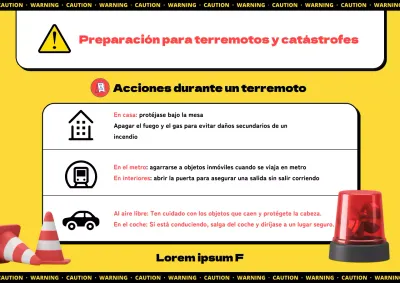 Sencillo cartel informativo amarillo-negro del manual de preparación para catástrofes sísmicas