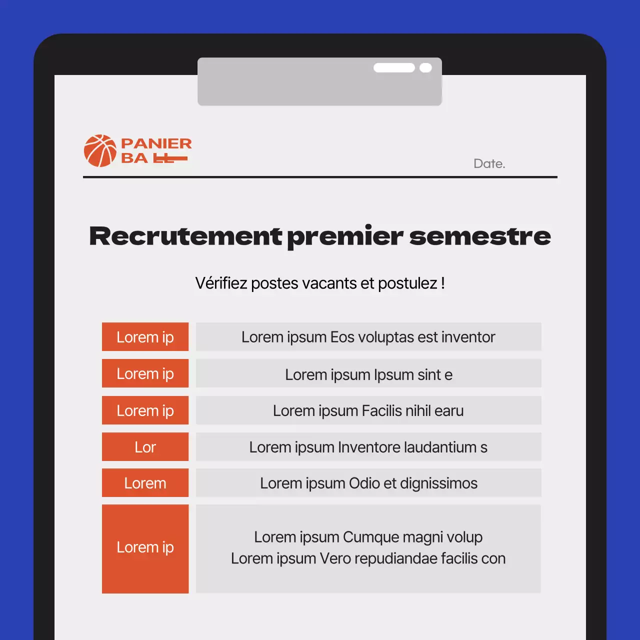 Recrutement pour l'équipe de basket du Sportscentre bleu et orange