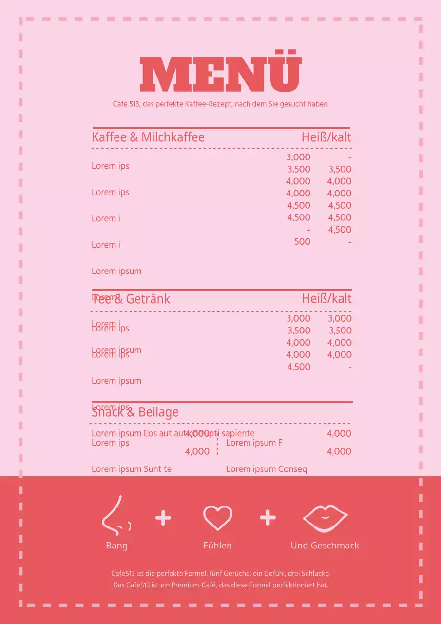 Einfache Speisekarte für ein Café in Rosa und Rot