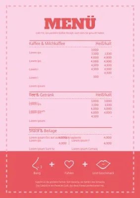Einfache Speisekarte für ein Café in Rosa und Rot