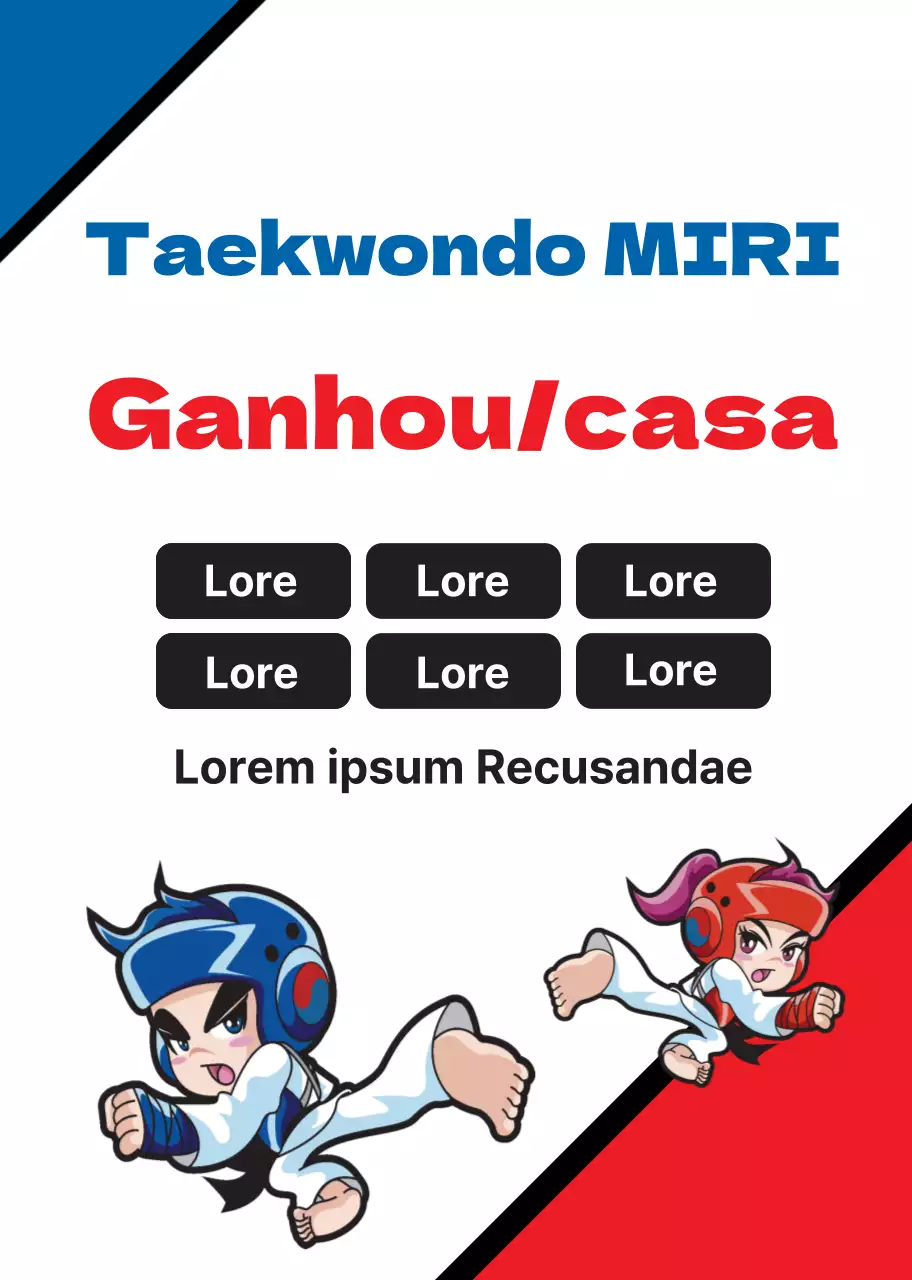 Ilustração azul vermelha branca Promoção da escola de Taekwondo