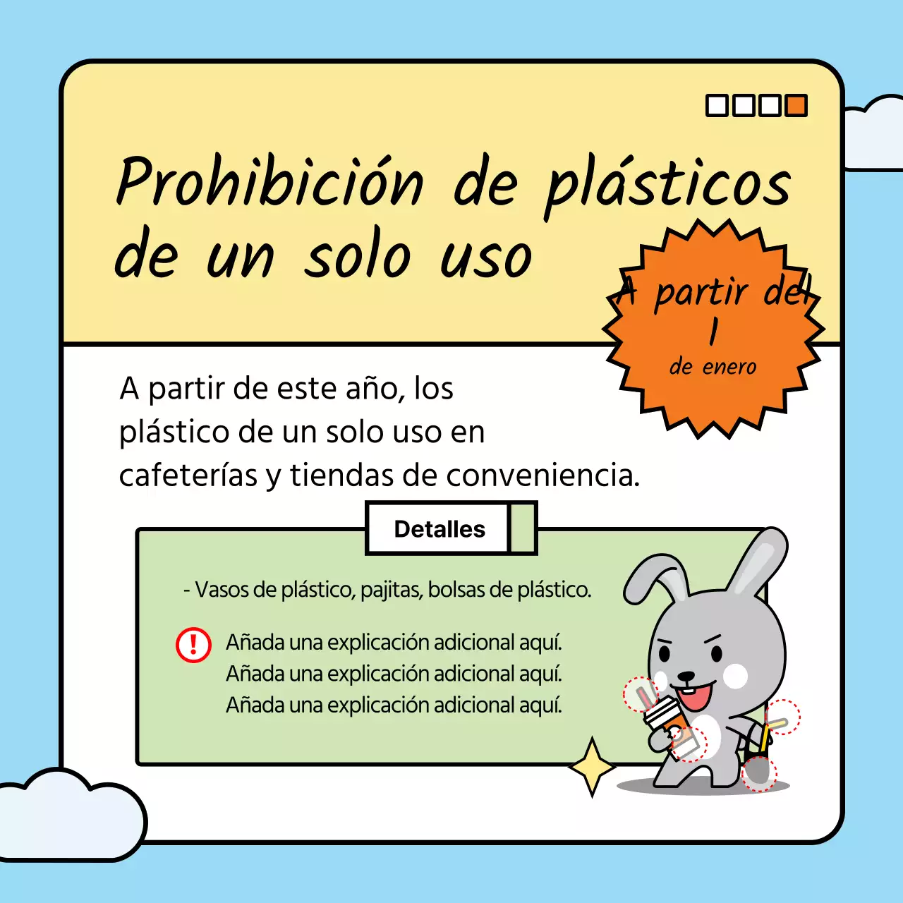 Presentación de los cambios políticos de este año con un simpático conejito en tonos azul claro y verde.