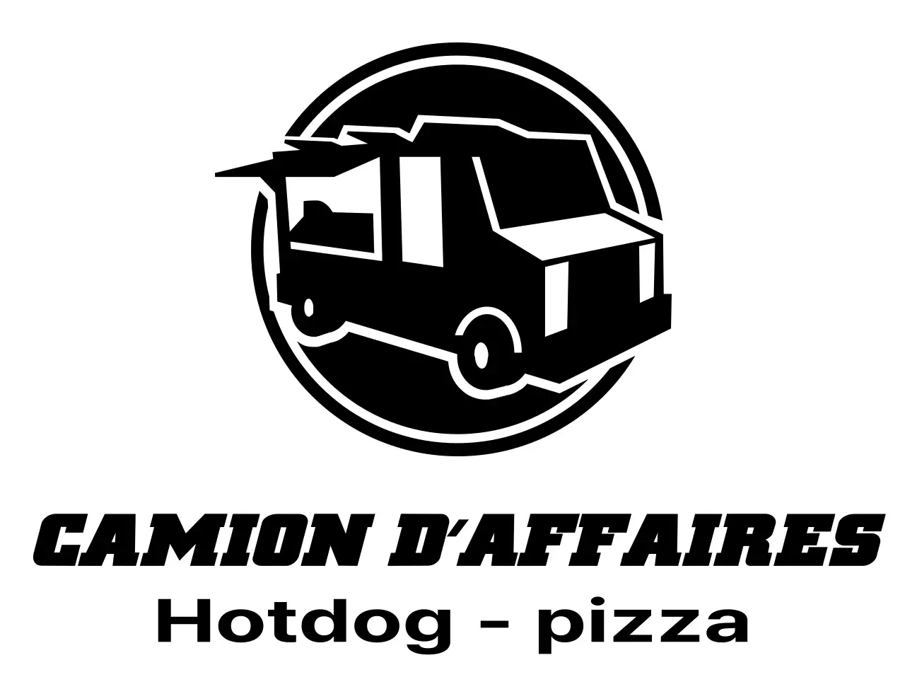 Concept de food truck avec un simple logo noir illustrant le camion