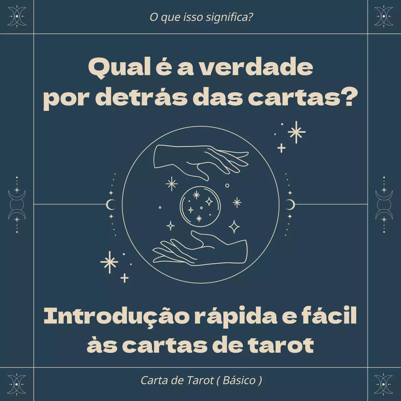Uma introdução rápida e fácil às cartas de tarot com um conceito astrológico de moldura quadrada num esquema de cores azul-marinho.